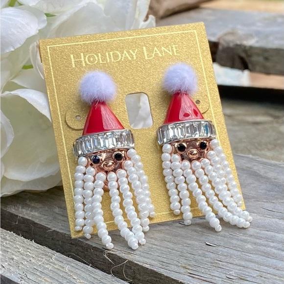 NWT HOLIDAY LANE SILVER TONE CRYSTAL, BEAD AND POM-POM SANTA EARRINGS - Picture 5 of 6